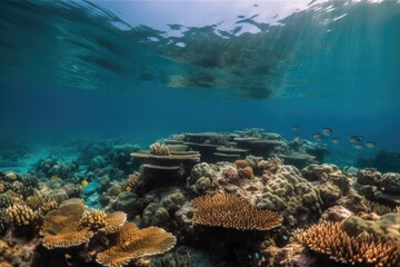 underwater view of coral reef with schools of fish swimming among the corals, created with generative ai