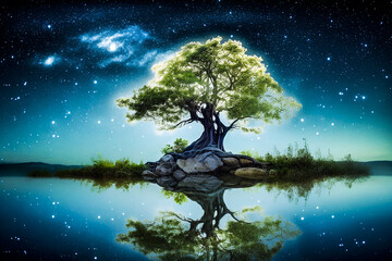 Fantasy Tree on an Island. Generative AI.
A digital painting of a fantasy tree on an island at night.