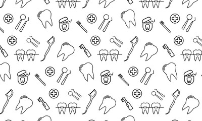 Dentist seamless pattern with thin line icons: dental instruments, caries under magnifier, orthodontics, tooth extraction, veneers, tooth whitening, implant, braces, calculus. Vector illustration.
