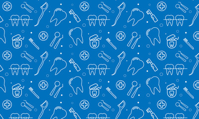 Dentist, orthodontics blue seamless pattern with line icons. Dental care, medical equipment, braces, tooth prosthesis, floss, caries treatment, toothpaste. Health care background for dentistry clinic.