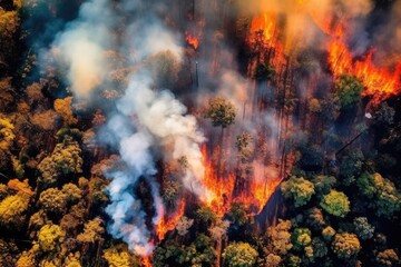Aerial view wildfire in woods, draught and hot weather. AI Generated