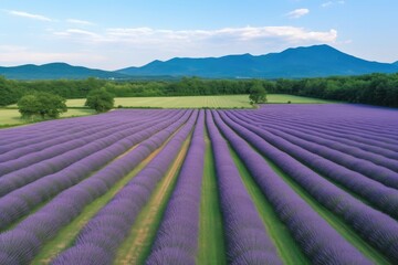 Fototapeta na wymiar lavender field, with view of distant mountain range, as seen from aerial perspective, created with generative ai