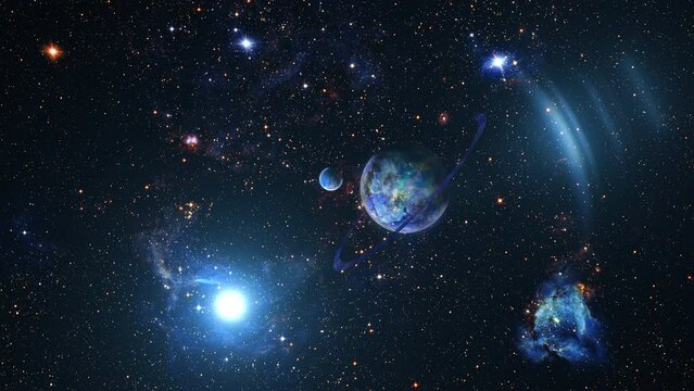 Abstract outer space view Unidentified alien solar system with distant planet sci fi universe cinematic title animation background 