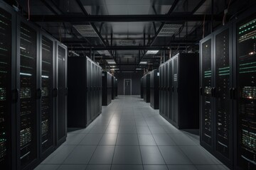 data center, with rows of servers and racks of equipment visible, created with generative ai