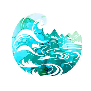 Round watercolor object sea. Vector illustration