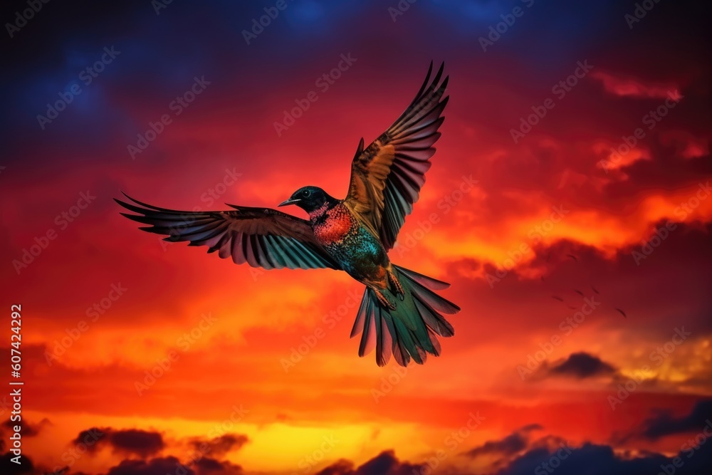 Wall mural colorful bird flying through vibrant sunset sky, created with generative ai