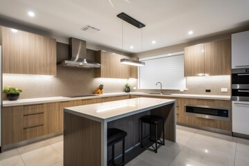 modern kitchen, with overhead lighting and under-cabinet lights creating a warm and welcoming atmosphere, created with generative ai