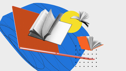 Books and laptop symbolizing online lessons, exams preparation, new knowledges. Contemporary art collage. Concept of online education, Internet assistance, modern innovations