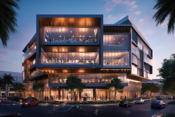 Mixed-use business architecture building with a combination of office spaces, retail outlets, and recreational facilities, creating a dynamic and vibrant environment - Generative AI