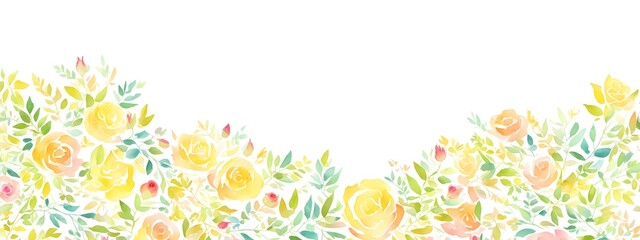 Fototapeta na wymiar Background decorated with roses flowers and leaves on light abstract background. Template for fashion ads, horizontal poster and social media. Design for wallpaper, card, banner. Generative AI