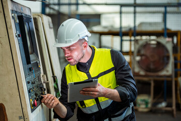 one professional engineer worker technician assistant in helmet inspection check old machine construction factory with colleague manager. check old machinery production construction operating