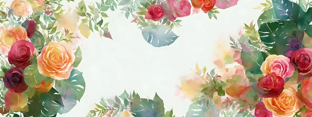 Behang Background decorated with roses flowers and leaves on light abstract background. Template for fashion ads, horizontal poster and social media. Design for wallpaper, card, banner. Generative AI © 360VP