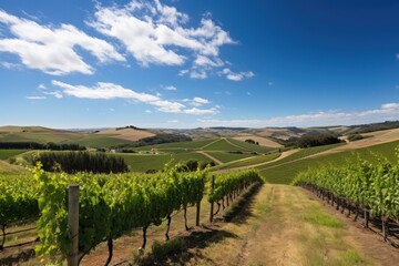 Fototapeta na wymiar vineyard with rolling hills and blue skies in the background, created with generative ai