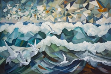 cubist painting of the sea, with waves and seagulls, created with generative ai