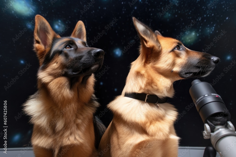 Sticker feline and canine astronauts observing nebula with their space telescopes, created with generative a