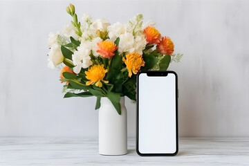 Nature-Inspired Technology: Big Smartphone with Blank Screen and Fresh Flower Bouquets