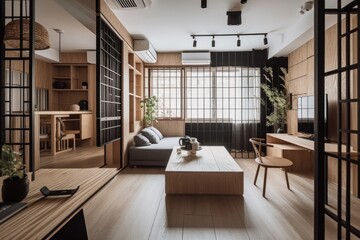 apartment in japanese style with minimalist furniture and wooden accents, created with generative ai