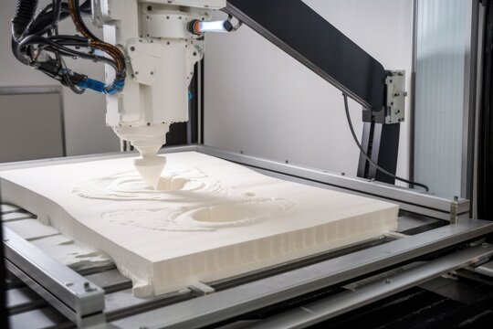 3d printing robot depositing layer of material onto 3d printing bed, created with generative ai