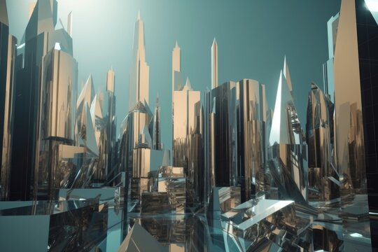 a futuristic cityscape of metallic towers and geometric shapes, created with generative ai