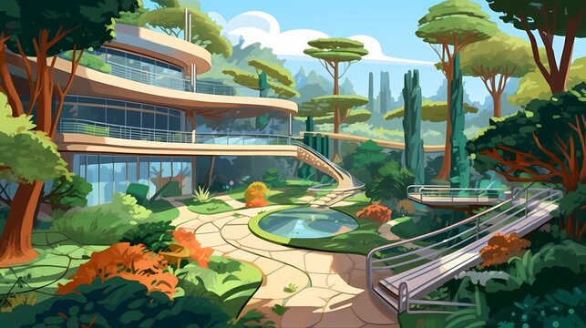 Enchanting Fantasy World at the Modern Park Interior. A Captivating Digital Art Illustrations. Generative AI