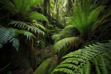 close-up of lush jungle ferns, created with generative ai