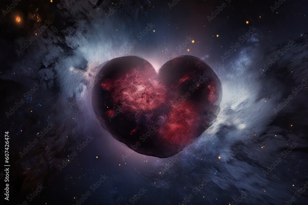 Sticker heart-shaped nebula with stars and planets in the background, created with generative ai