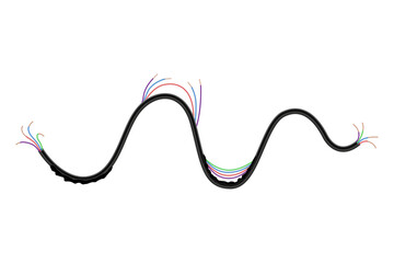 Broken electrical copper wire or cord. Damaged electric power cable. Torn wire with bare wire. Danger electric problem. Color electricity cable. Vector illustration isolated on white background