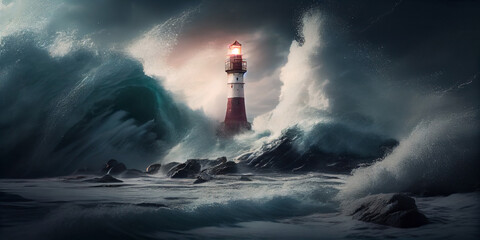 Fototapeta na wymiar A luminous ancient sea lighthouse against the backdrop of huge waves and a raging sea during a storm. Generative AI