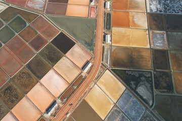 Aerial top view of colourful salt fields. material in traditional industry in phetchaburi,...