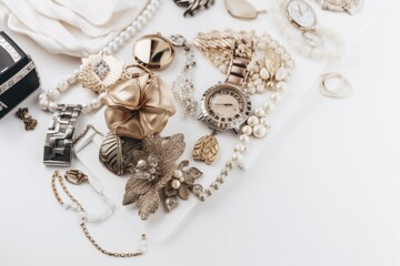 trendy accessories and jewelry on an empty white background, created with generative ai