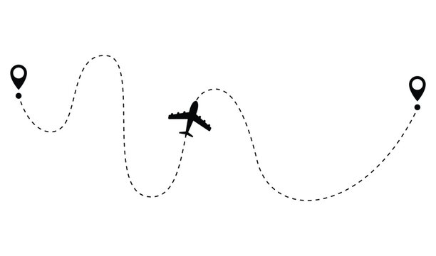 Airplane dotted route line. Path travel line shape. Flight route with start point and dash line trace for plane isolated vector illustration