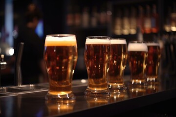 Fototapeta na wymiar draught beer in glasses on blurred background of busy bar, created with generative ai