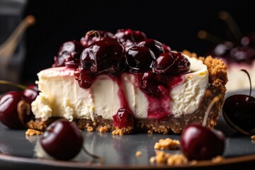 close-up of slice of decadent cheesecake, with cherry and graham cracker crust visible, created with generative ai