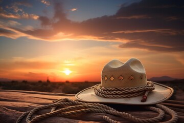 iconic cowboy hat, rope and lasso against sunset sky, created with generative ai - obrazy, fototapety, plakaty