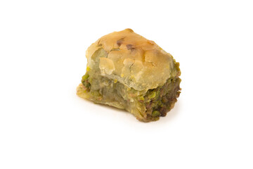 Turkish pistachio baklava isolated on white background.