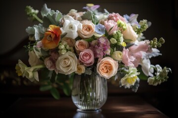 Obraz na płótnie Canvas pastel flower bouquet arranged in crystal vase, created with generative ai