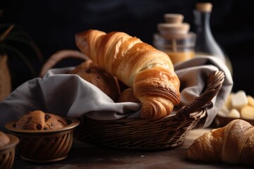 homemade pastries and croissants in basket or on plate for easy transport, created with generative ai