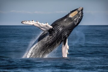 Obraz premium a humpback whale breaching in the ocean, created with generative ai