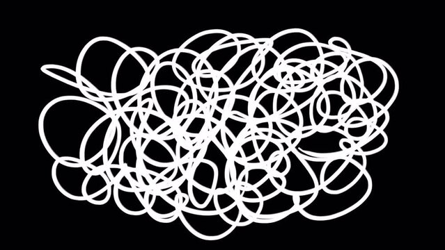 Twisted white doodle wire animation on black screen. Rough sketches of video in 4k with alpha channel. Stock art effect in 4k with alpha channel.