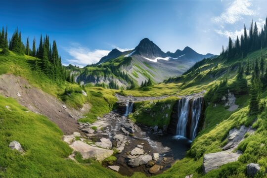 majestic mountain landscapes with waterfall, forest, and blue skies, created with generative ai
