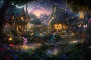 Fototapeta na wymiar magical garden, filled with fairies, unicorns and magic, created with generative ai