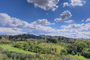 Fototapeta na wymiar Typical rural panorama of the Florentine hills. Typical Tuscan hilly landscape with rows of cypresses and olive trees seen from the Boboli Gardens in Florence, Italy.
