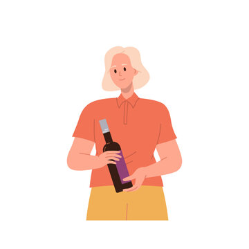 Young woman cartoon character holding bottle of wine, high quality natural drink choice concept