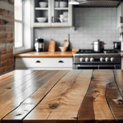 Selective focus, Wood table top on blur kitchen counter (room) background. For montage product display. generative ai. - 607429262