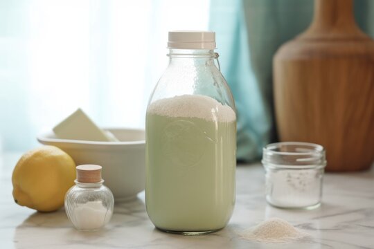 homemade laundry detergent bottle with ingredients and instructions for mixing, created with generative ai