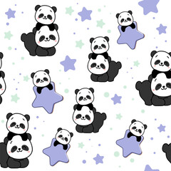 Cute cartoon panda toys with stars. Vector illustration print for t-shirt in kawaii style seamless pattern on a white background