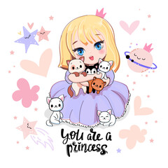 Cute cartoon anime girl with little kittens. Little princess in kawaii style. Vector illustration print for t-shirt