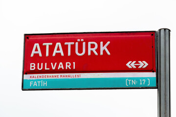 Steet sign, signboard of Ataturk Street (Ataturk Bulvar caddesi), neighbourhood of Fatih district, European side of the Istanbul city, Turkey (Turkiye)