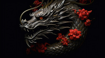 Portrait of a dragon in flowers on a black background