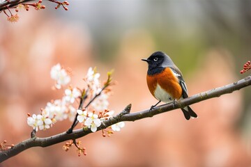 Fototapeta premium male redstart bird on branch, with cherry blossom in the background, created with generative ai